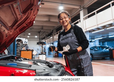 Asian female mechanic holding dipstick and rag while checking the oil level of a red car during a maintenance service in a professional auto repair shop - Powered by Shutterstock