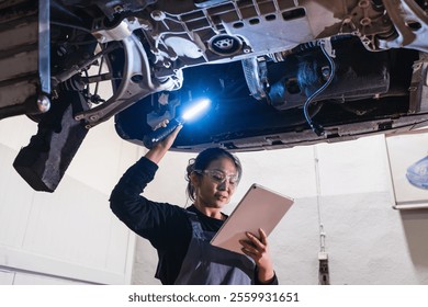 Asian female mechanic using a flashlight and a digital tablet while inspecting the chassis of a lifted car in a repair shop - Powered by Shutterstock