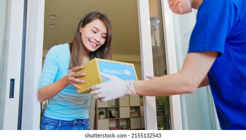 Asian Female Receive Medication Package Box From Pharmacy Hospital Delivery Service At Home