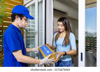 Asian Female Receive Medication Package Box From Pharmacy Hospital Delivery Service At Home