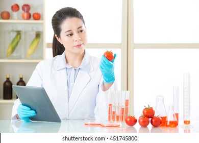 Asian Female Scientist Touch The Digital Tablet Looking Tomato For Gmo Food