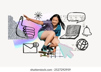 Asian female skateboarding, surrounded by lifestyle icons. Skateboarding woman, digital elements, Asian female, skateboarding action, digital icons, dynamic scene., Young sian woman with lifestyle - Powered by Shutterstock