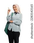 Asian female university student in veil stand with a get idea expression with backpack in isolated background