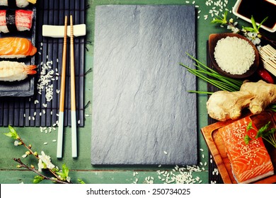 Asian Food Background (sushi And Ingredients)