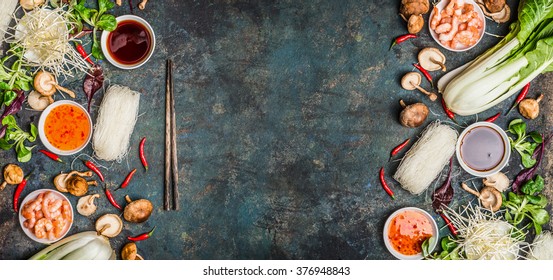 Asian Food Background With Various Of Cooking Ingredients On Rustic Background , Top View , Banner.  Asian Food Concept: Chinese Or Thai Cuisine.