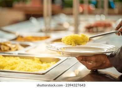 Asian food buffet in restaurant multiple food dishes and salad. Eat as much as you like Indian buffet restaurant. You can buy delicious food at an affordable price. Copyspace. - Shutterstock ID 2394327643