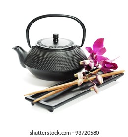 Asian Food Concept (Tea Pot, Orchid And Chopsticks)