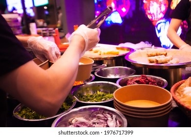 Asian Food Court. Asian Dishes Sold In A Shopping Mall Food Court