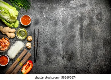 Asian Food. Fresh Ingredients For Cooking Chinese Food On A Rustic Background .