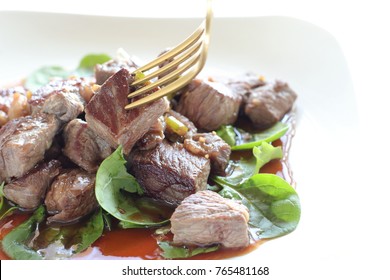 Asian Food, Grilled Cube Steak On Green Leaf Vegetable