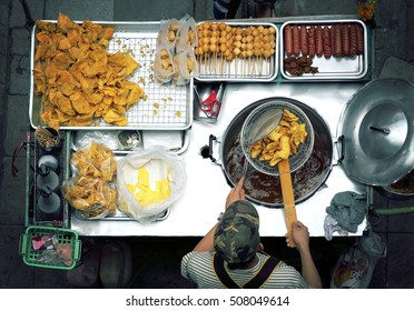 Asian Food Lifestyle, Top View Of A Thai Street Food Vendor In Bangkok, Thailand. (Color Processed)