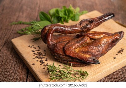 Asian Food, Roast Duck, Smoked Duck On A Wooden Tray 