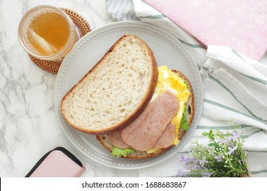 Asian Food, Spam Luncheon Meat And Scrambled Egg Sandwich