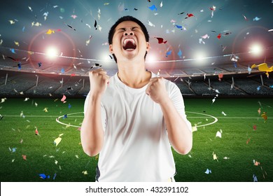 Asian Football Fan Celebrate With Stadium And Confetti Background 