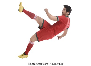 Asian Football Player High Kick Ball Isolated Over White Background