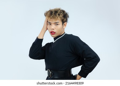 Asian Gay Man Look Female With Curly Hair Style In Black Shirt Posing On The White Background.