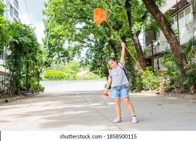 An Asian Girl Is Adventuring In A Wide World. Along With A Bug Catcher