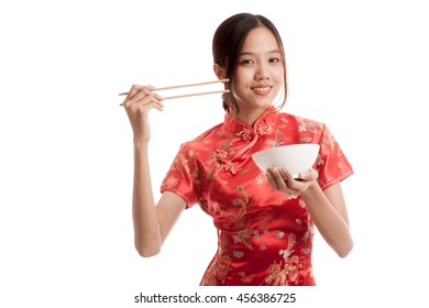 Asian girl in chinese cheongsam dress with  chopsticks   isolated on white background