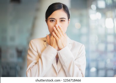 Asian Girl Covering Her Mouth Don't Speak Not Talking.