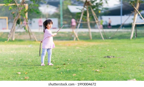 Asian Girl Is Having Fun In Battle By Using Sheath Of Koon Tree To Make Sword Knife. Child Play Role-playing. Children Exercise By Playing In Green Lawn. Warm Sunlight In Evening. Kid Laughs Happily.