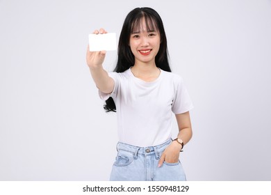 Asian girl holding the card
