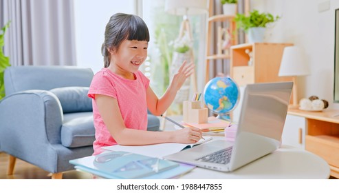 Asian Girl Is Learning Math Online Through Laptop At Home