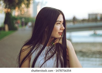 Asian girl looking forward profile view, copy space