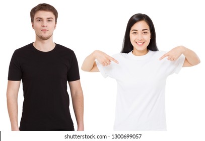 Asian Girl And Man In Blank Template T Shirt Isolated On White Background. Guy And Young Woman In Tshirt With Copy Space And Mock Up For Advertising. White And Black Shirts. Front View