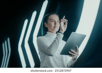 Asian girl pressing on digital screen futuristic technology - Powered by Shutterstock