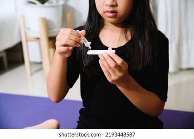 Asian Girl Preteen Girl Getting Swab Test At Home, Covid Quick Rapid Self Test, Kid Antigen Test