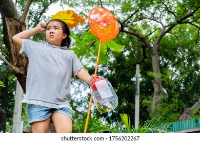 An Asian Girl Protrait, She Is Adventuring In A Wide World. Along With A Bug Catcher