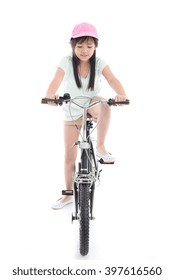 Asian Girl Riding A Bike On White Background Isolated