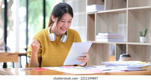 Asian girl student online learning class study online video call zoom teacher, Happy asian girl learn english language online with computer laptop. - Powered by Shutterstock