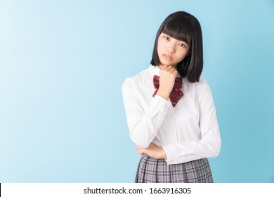 asian girl student, school uniform, think,