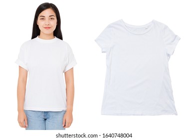 Asian Girl In T-shirt Mock Up Isolated, White Tshirt Mock Up Close Up Over White Background. T Shirt Mock Up On Korean Woman