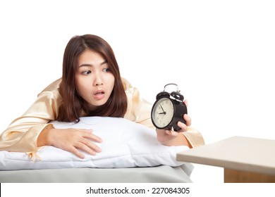 Asian Girl  Wake Up Late  Look At Alarm Clock  Isolated On White Background