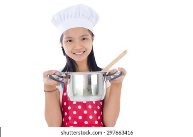 Asian Girl Wearing Apron And Holding A Cooking Pot