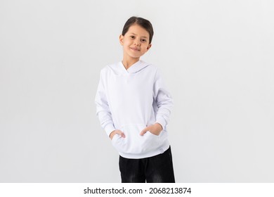 Asian Girl In A White Hoodie. Kids Hoodies Mockup.