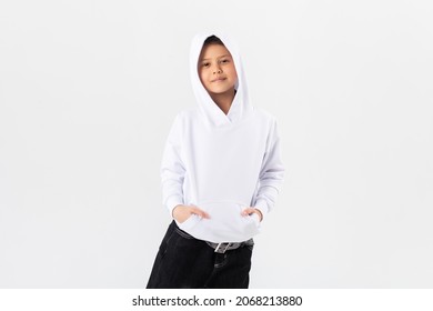 Asian Girl In A White Hoodie. Kids Hoodies Mockup.