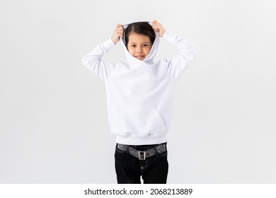 Asian Girl In A White Hoodie. Kids Hoodies Mockup.