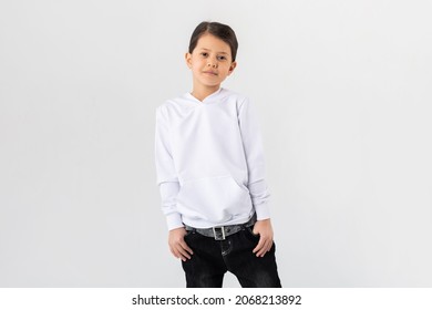 Asian Girl In A White Hoodie. Kids Hoodies Mockup.