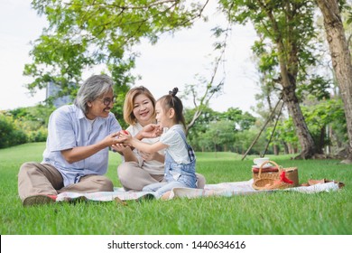Asian grandparent and grandchildren having happy time together in park, family enjoy picnic and playing at green grass field outdoor in summer time vacation holiday concept background