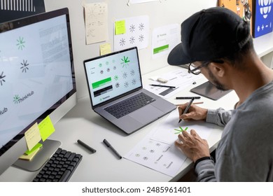 Asian graphic designer making notes on logo designs, using computers, designing logos, and showcasing the corporate identity and logo design process.	