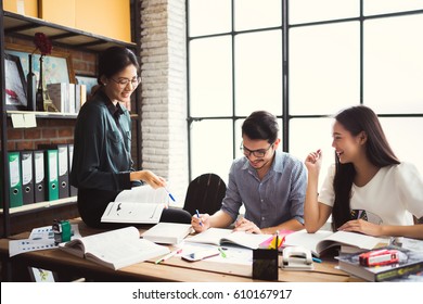 Asian Groups Are Brainstorming, Working In The Office, Reviewing Lessons, Doing Homework In The University, Group Concept.