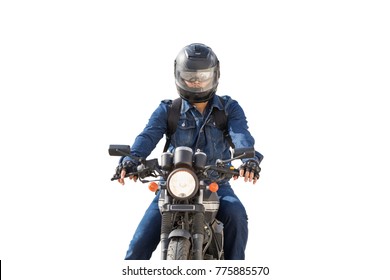 Asian Guy Riding A Motorcycle On A Black Classic Model On A White Background
