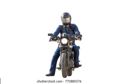 Asian Guy Riding A Motorcycle On A Black Classic Model On A White Background
