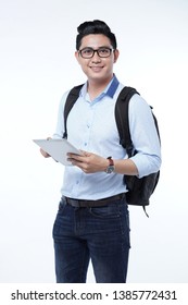 Asian Handsome Cheerful Male Student With Back Pack, Isolated On White Background, With Copy Space