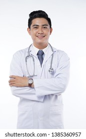 Asian Handsome Male Doctor In White Blouse, Isolated On White Background With Copy Space