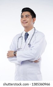 Asian Handsome Male Doctor In White Blouse, Isolated On White Background With Copy Space