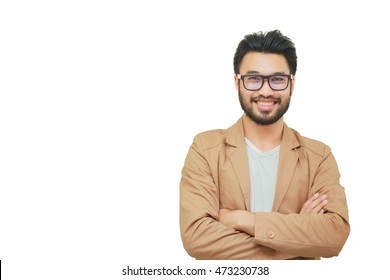 Asian Handsome Man With A Mustache, Smiling And Laughing On White Background ,soft Focus And Blurry